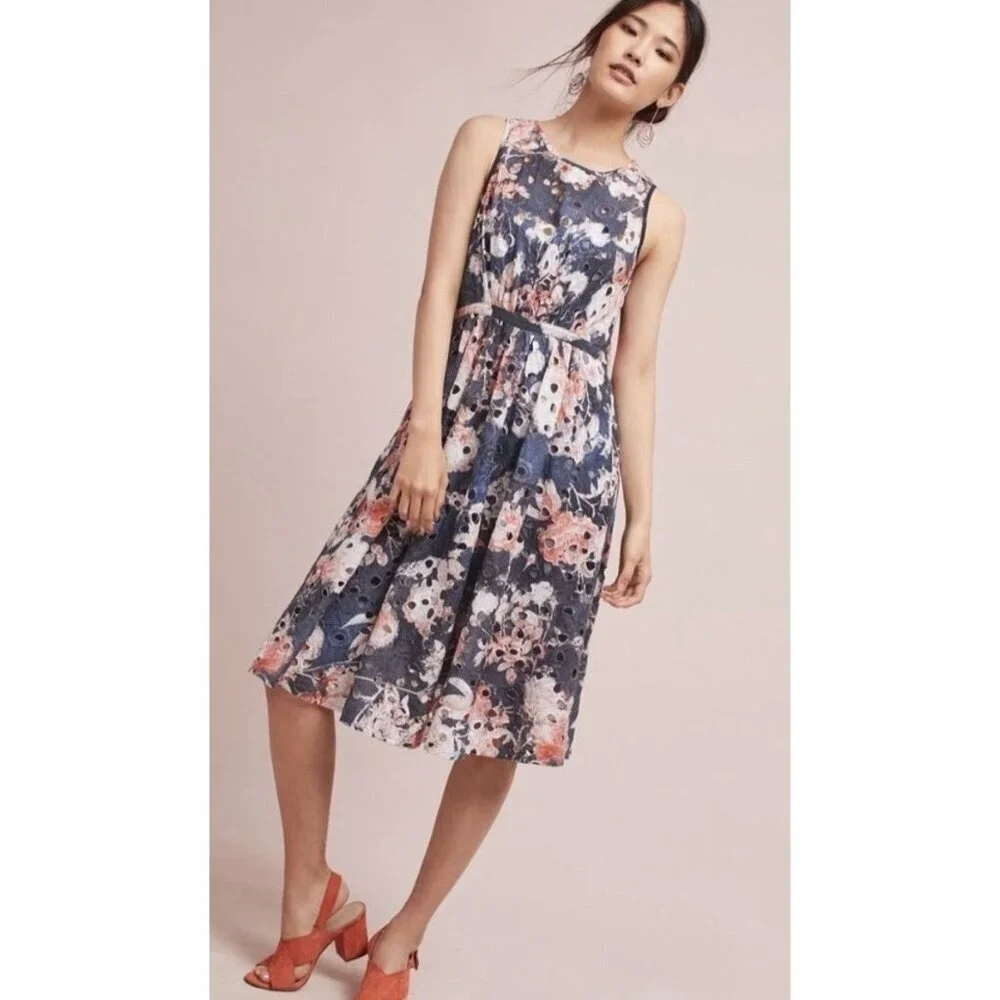 Anthropologie Hemant & Nandita Lazuli Women’s Floral Eyelet Dress Sz 4 - Picture 1 of 12